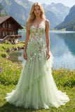Abito da ballo verde floreale a V, scollo a V e sirena con applique,