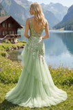 Abito da ballo verde floreale a V, scollo a V e sirena con applique,