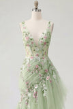 Abito da ballo verde floreale a V, scollo a V e sirena con applique,