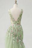 Abito da ballo verde floreale a V, scollo a V e sirena con applique,
