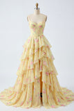 Spalline gialle A line Corset Floral Vestito da cerimonia con volant