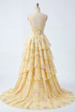 Spalline gialle A line Corset Floral Vestito da cerimonia con volant