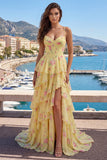 Spalline gialle A line Corset Floral Vestito da cerimonia con volant