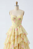 Spalline gialle A line Corset Floral Vestito da cerimonia con volant