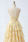Spalline gialle A line Corset Floral Vestito da cerimonia con volant