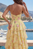 Spalline gialle A line Corset Floral Vestito da cerimonia con volant