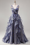Elegante abito da cerimonia in tulle a V con cielo stellato blu polveroso con volant a livelli