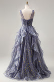 Elegante abito da cerimonia in tulle a V con cielo stellato blu polveroso con volant a livelli