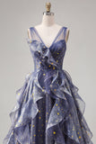 Elegante abito da cerimonia in tulle a V con cielo stellato blu polveroso con volant a livelli