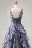 Elegante abito da cerimonia in tulle a V con cielo stellato blu polveroso con volant a livelli