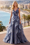 Elegante abito da cerimonia in tulle a V con cielo stellato blu polveroso con volant a livelli