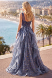 Elegante abito da cerimonia in tulle a V con cielo stellato blu polveroso con volant a livelli