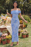 Abito maxi floreale giallo Pencil applique con spalla scoperta e spalla