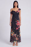 Abito maxi floreale asimmetrico in tulle nero