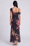 Abito maxi floreale asimmetrico in tulle nero