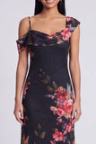 Abito maxi floreale asimmetrico in tulle nero