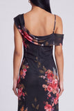 Abito maxi floreale asimmetrico in tulle nero
