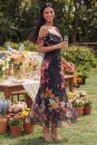 Abito maxi floreale asimmetrico in tulle nero