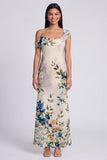 Abito maxi floreale asimmetrico in tulle nero
