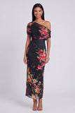 Abito Maxi Floreale Nero in tulle con una sola spalla
