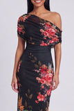 Abito Maxi Floreale Nero in tulle con una sola spalla