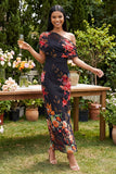 Abito Maxi Floreale Nero in tulle con una sola spalla