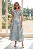 Abito Madre della Sposa A Linea Jacquard Blu Una Spalla