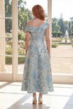 Abito Madre della Sposa A Linea Jacquard Blu Una Spalla