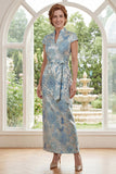 Jacquard blu con scollo alto e fodero lungo abito madre della sposa con fessura