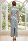 Jacquard blu con scollo alto e fodero lungo abito madre della sposa con fessura