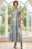 Abito lungo da madre della sposa Jacquard blu A-line con scollo battuto lungo e fiocco