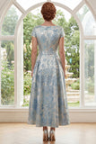 Abito lungo da madre della sposa Jacquard blu A-line con scollo battuto lungo e fiocco