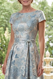 Abito lungo da madre della sposa Jacquard blu A-line con scollo battuto lungo e fiocco