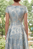 Abito lungo da madre della sposa Jacquard blu A-line con scollo battuto lungo e fiocco