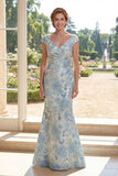 Abito Madre della Sposa Blu Sirena a V-Neck Jacquard Arricciata