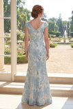 Abito Madre della Sposa Blu Sirena a V-Neck Jacquard Arricciata