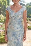 Abito Madre della Sposa Blu Sirena a V-Neck Jacquard Arricciata