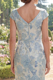 Abito Madre della Sposa Blu Sirena a V-Neck Jacquard Arricciata