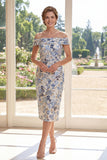 Abito sheath blu polveroso con spalle scoperte Jacquard Midi Mother Of the Bride
