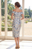 Abito sheath blu polveroso con spalle scoperte Jacquard Midi Mother Of the Bride