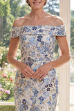 Abito sheath blu polveroso con spalle scoperte Jacquard Midi Mother Of the Bride