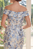 Abito sheath blu polveroso con spalle scoperte Jacquard Midi Mother Of the Bride
