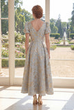 Abito lungo Jacquard scollo a V blu polveroso A-Line con maniche a sbuffo