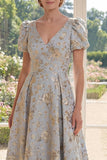 Abito lungo Jacquard scollo a V blu polveroso A-Line con maniche a sbuffo