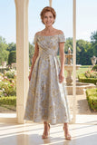 Abito A-Line azzurro polveroso sulle spalle Jacquard lungo e arricciato abito madre della sposa