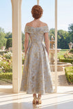 Abito A-Line azzurro polveroso sulle spalle Jacquard lungo e arricciato abito madre della sposa