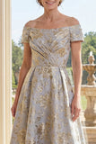 Abito A-Line azzurro polveroso sulle spalle Jacquard lungo e arricciato abito madre della sposa