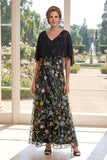 Abito lungo Mother Of the Bride in tulle nero ricamato A-Line con maniche svolazzanti