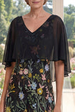 Abito lungo Mother Of the Bride in tulle nero ricamato A-Line con maniche svolazzanti