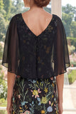 Abito lungo Mother Of the Bride in tulle nero ricamato A-Line con maniche svolazzanti